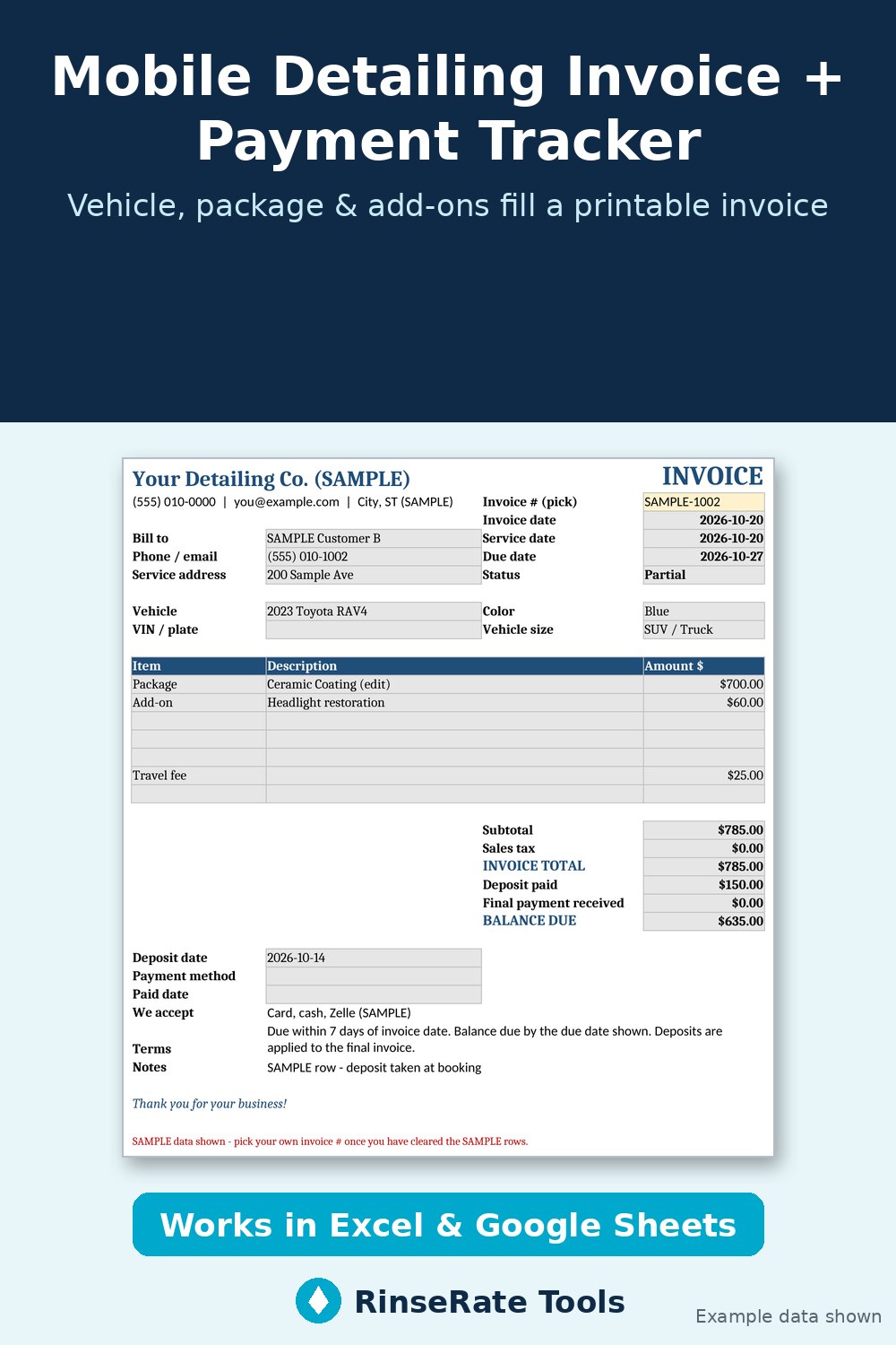 Mobile Detailing Invoice + Payment Tracker cover